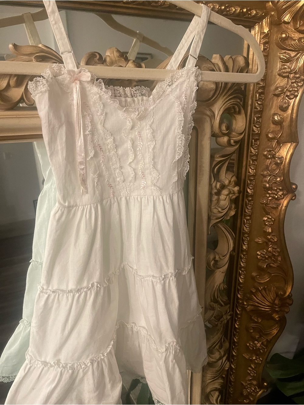 Vintage White Dress with Pale Pink Ribbon, Lace and Embroidery SZ 5/6